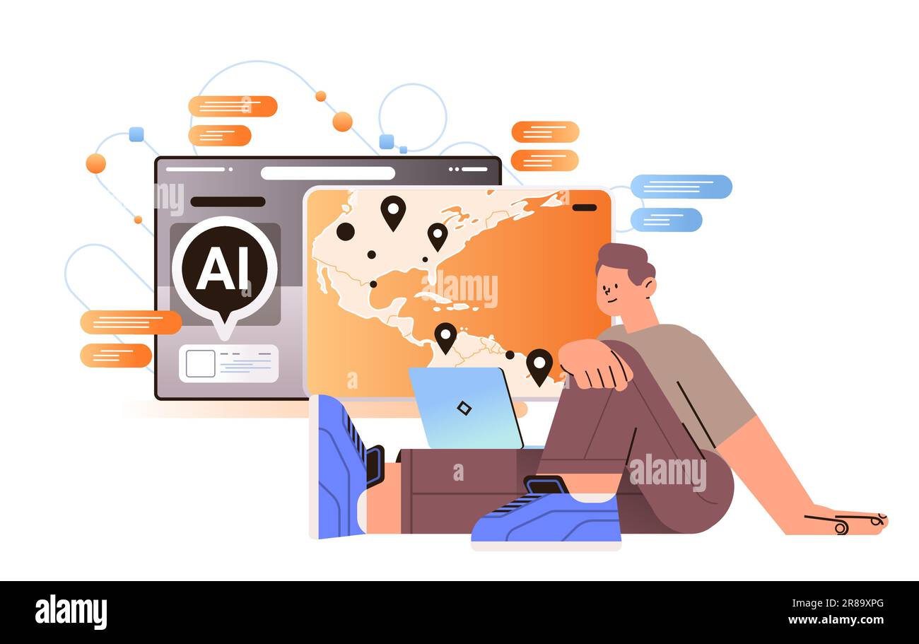 Man traveler planning travel on world map in computer app with ai