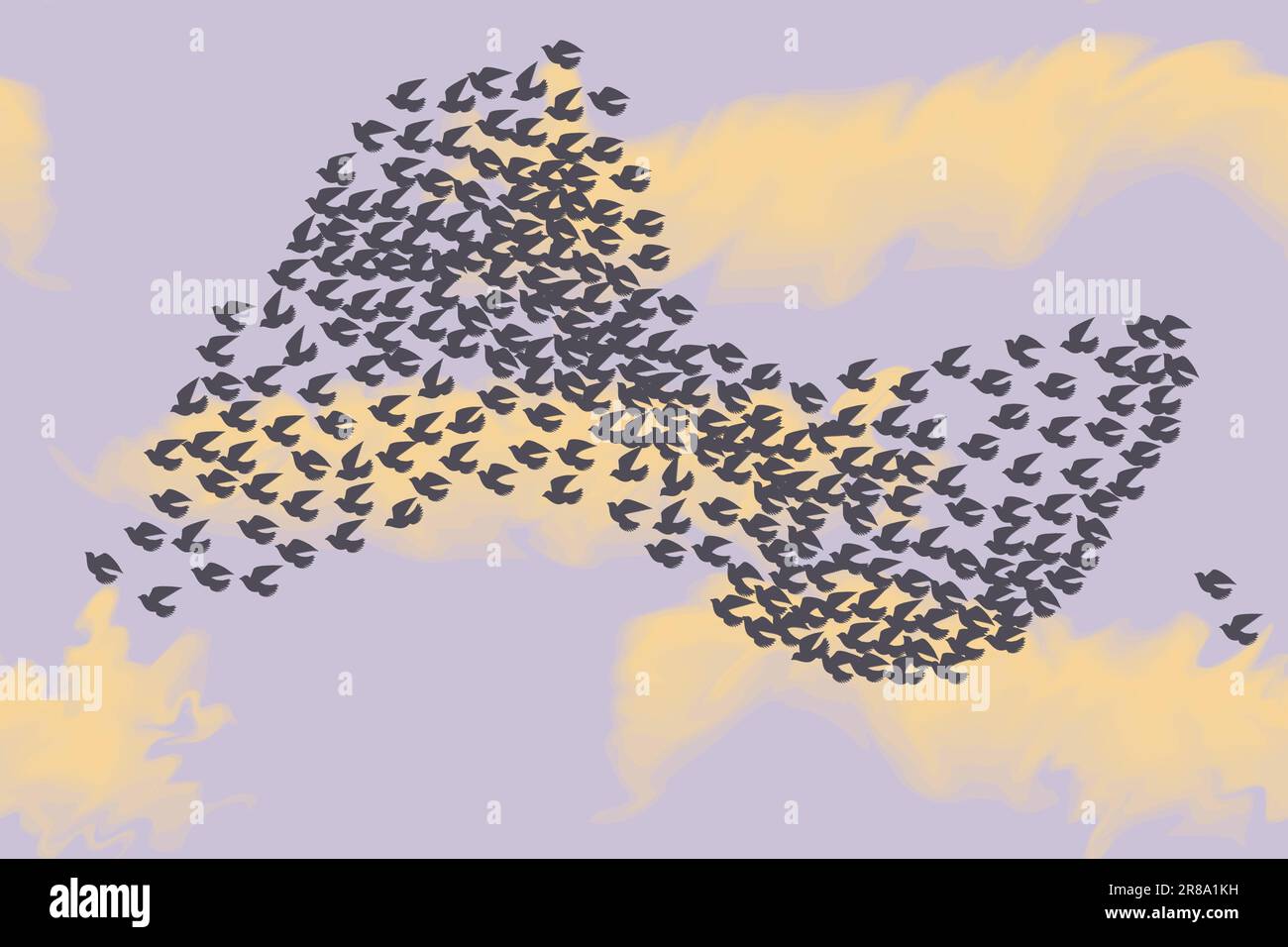 Big flock of black birds and cloudy sky, seamless vector pattern Stock Vector