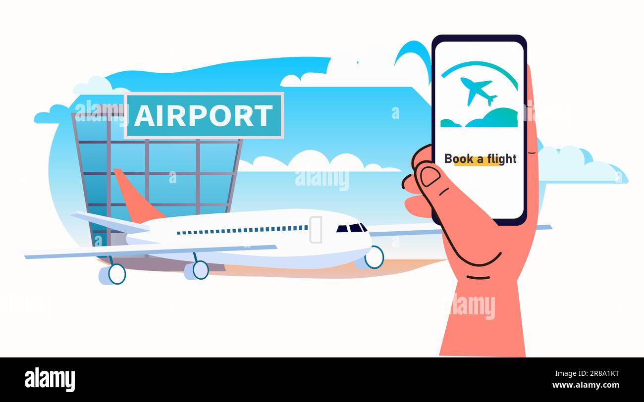 human hand using booking flight mobile app on smartphone airport