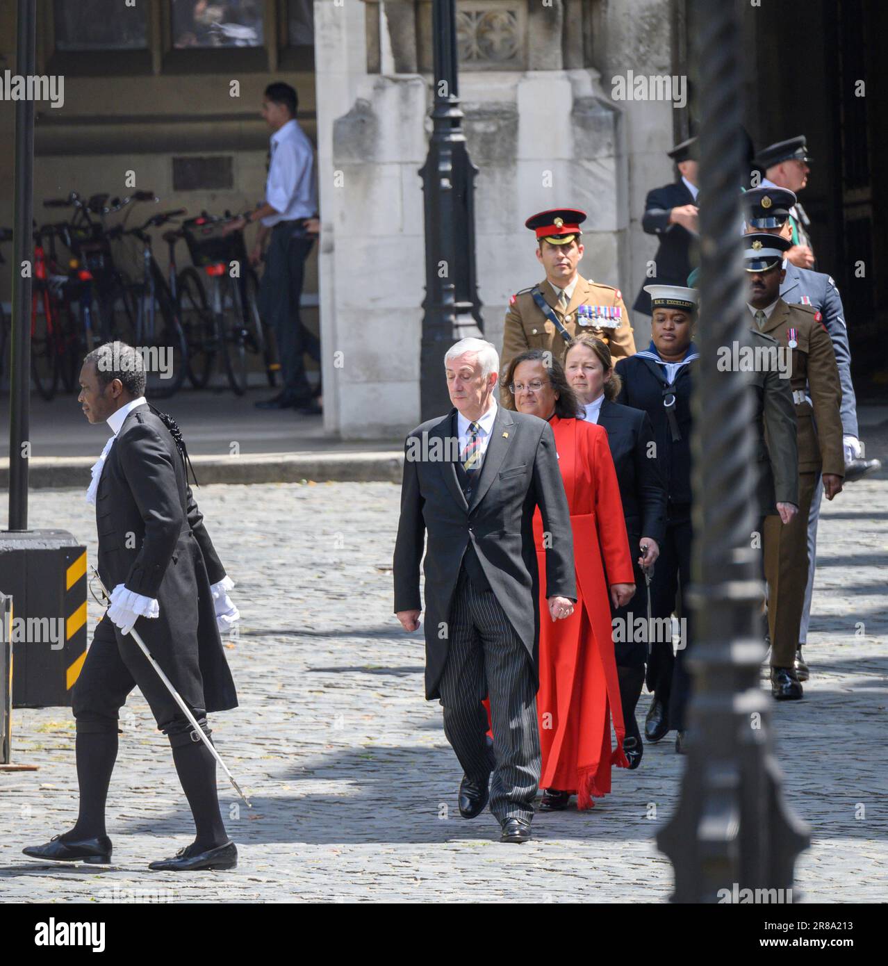 Sir Lindsay Hoyle (Speaker of the House of Commons) and his staff at a ceremony in Westminster marking the beginning of Armed Forces Week, June 2023 Stock Photo