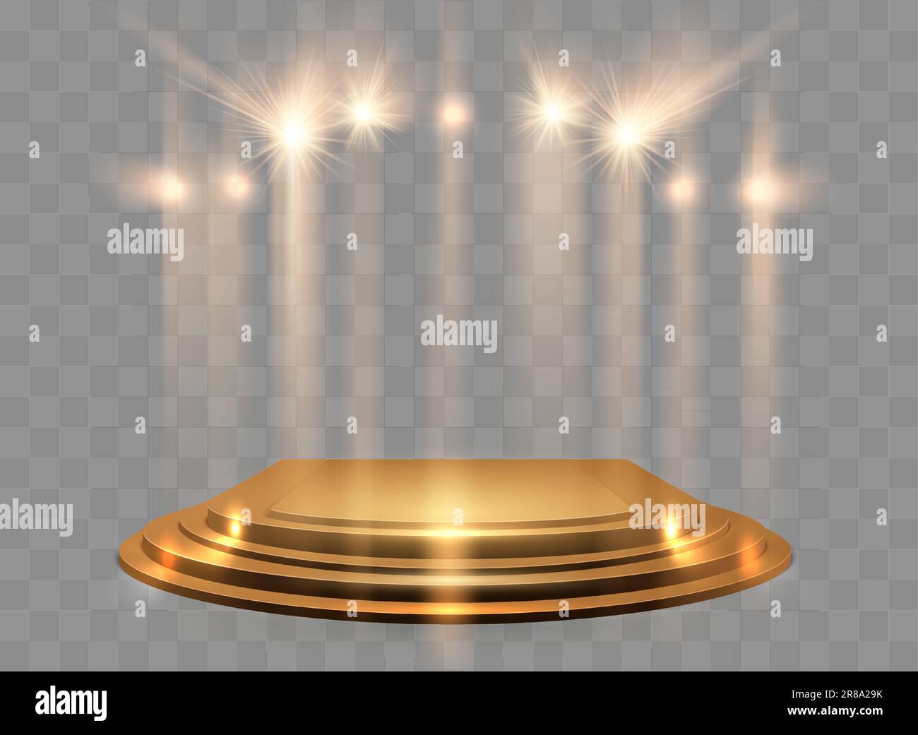 Spotlights With Stage. Gold Light Vector Effect. Round Podium And Light Rays Stock Vector Image