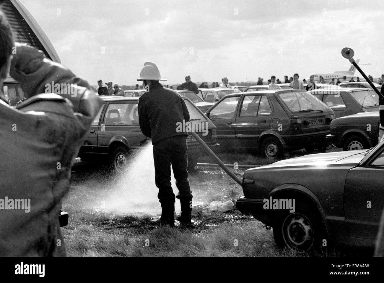 A car fire at RAF Finningley in 1990 Stock Photo