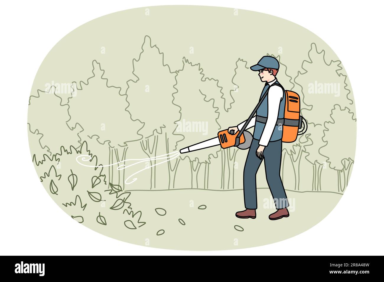 Male gardener in uniform collection leaves with handy vacuum. Man