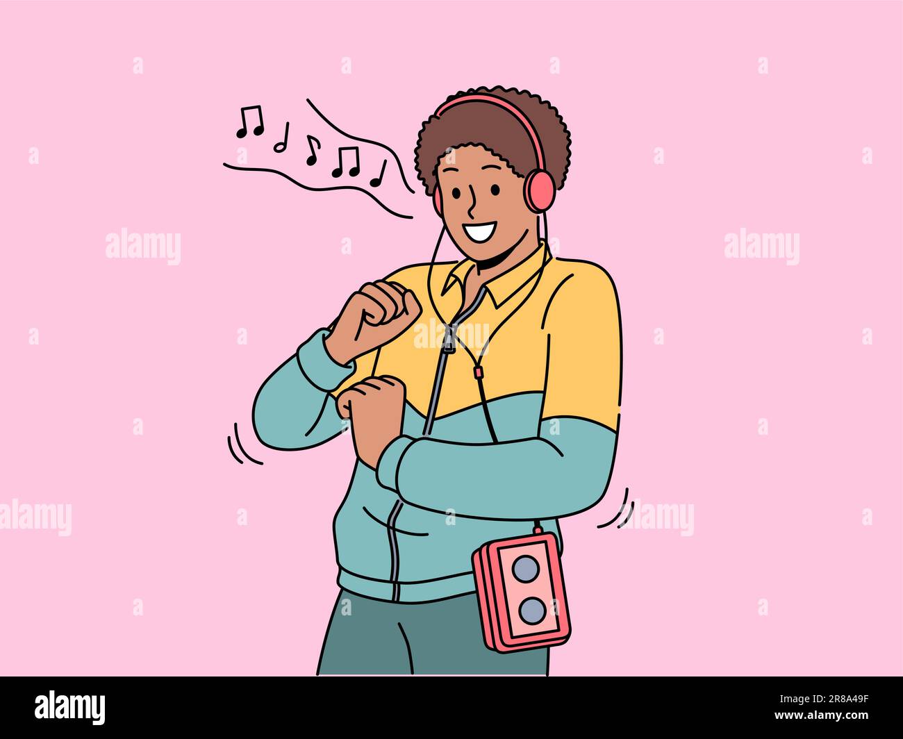 African American man in retro clothes with cassette player on belt listens to music in old-fashioned headphones. Ethnic hippie guy from 90s dances to reggae music playing in tape recorder Stock Vector