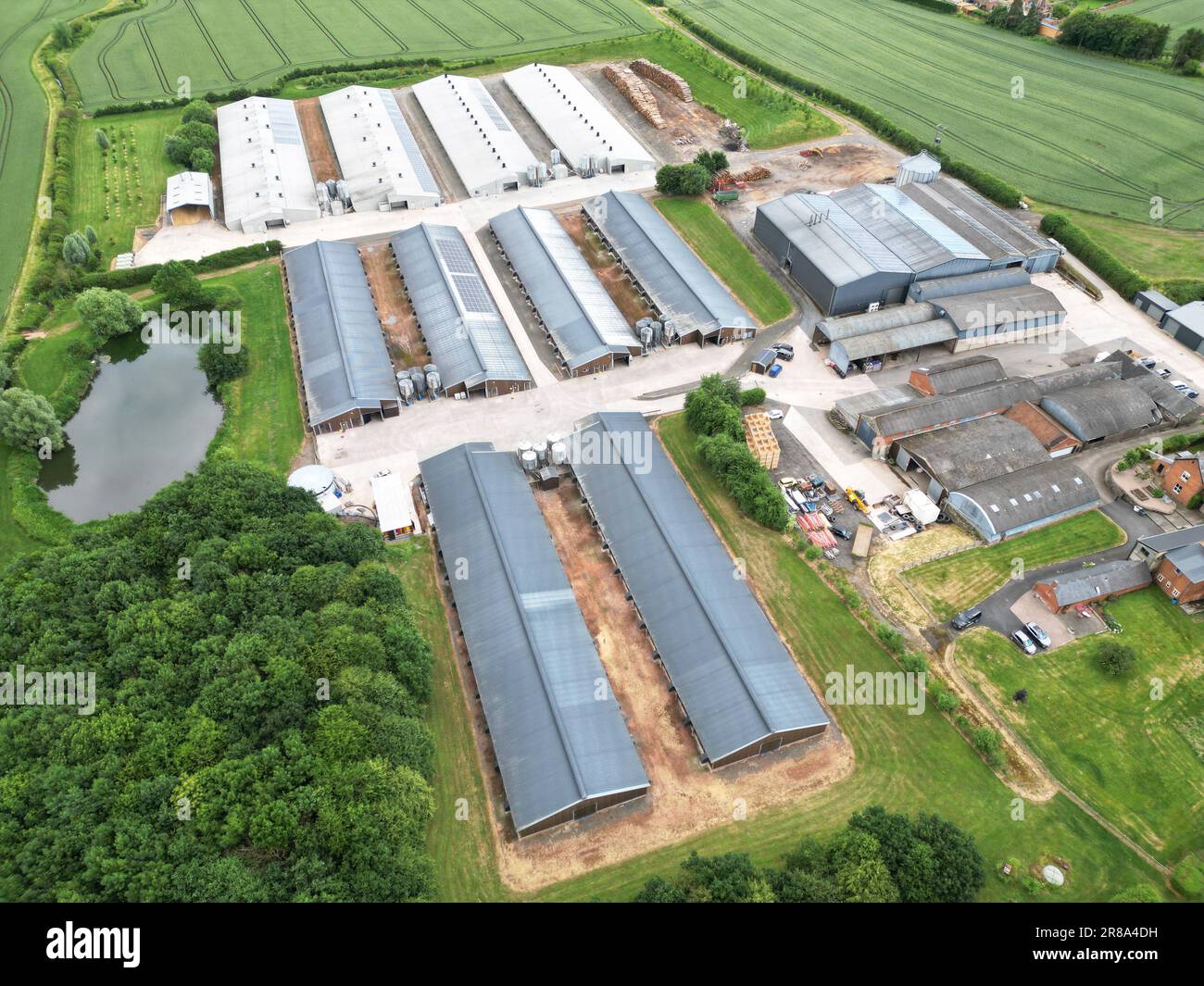 Aerial view of large chicken poultry farm ( IPU ) in Herefordshire UK