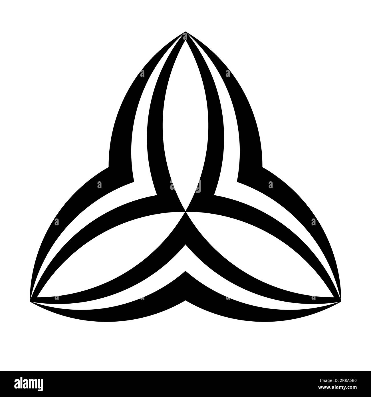 Triquetra shaped symbol. Three lenses or also Vesica piscis shapes, arranged in an equilateral triangle, enclosed by three wing-like arches. Stock Photo