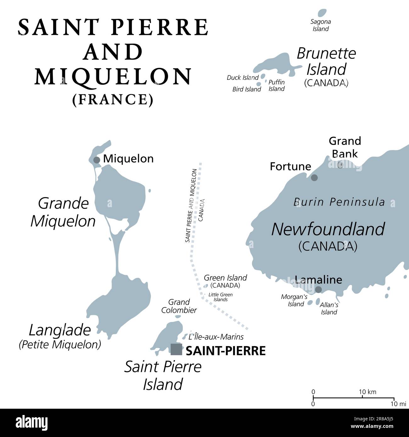 Saint Pierre and Miquelon, gray political map. Archipelago and self-governing territorial overseas collectivity of France in the North Atlantic. Stock Photo