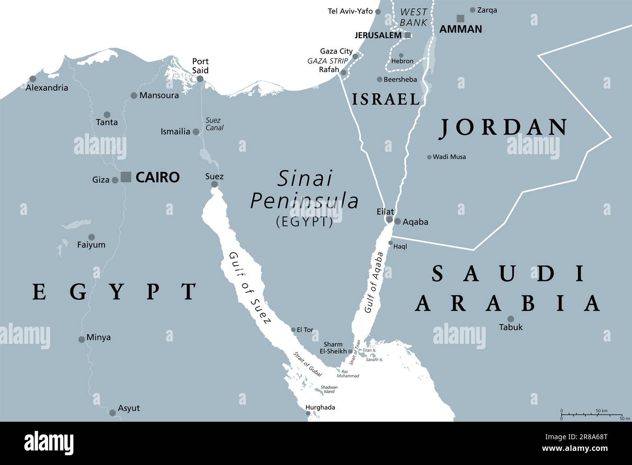 Sinai Peninsula, gray political map. Peninsula in Egypt, located between Mediterranean and Red Sea, land bridge between the continents Asia and Africa. Stock Photo