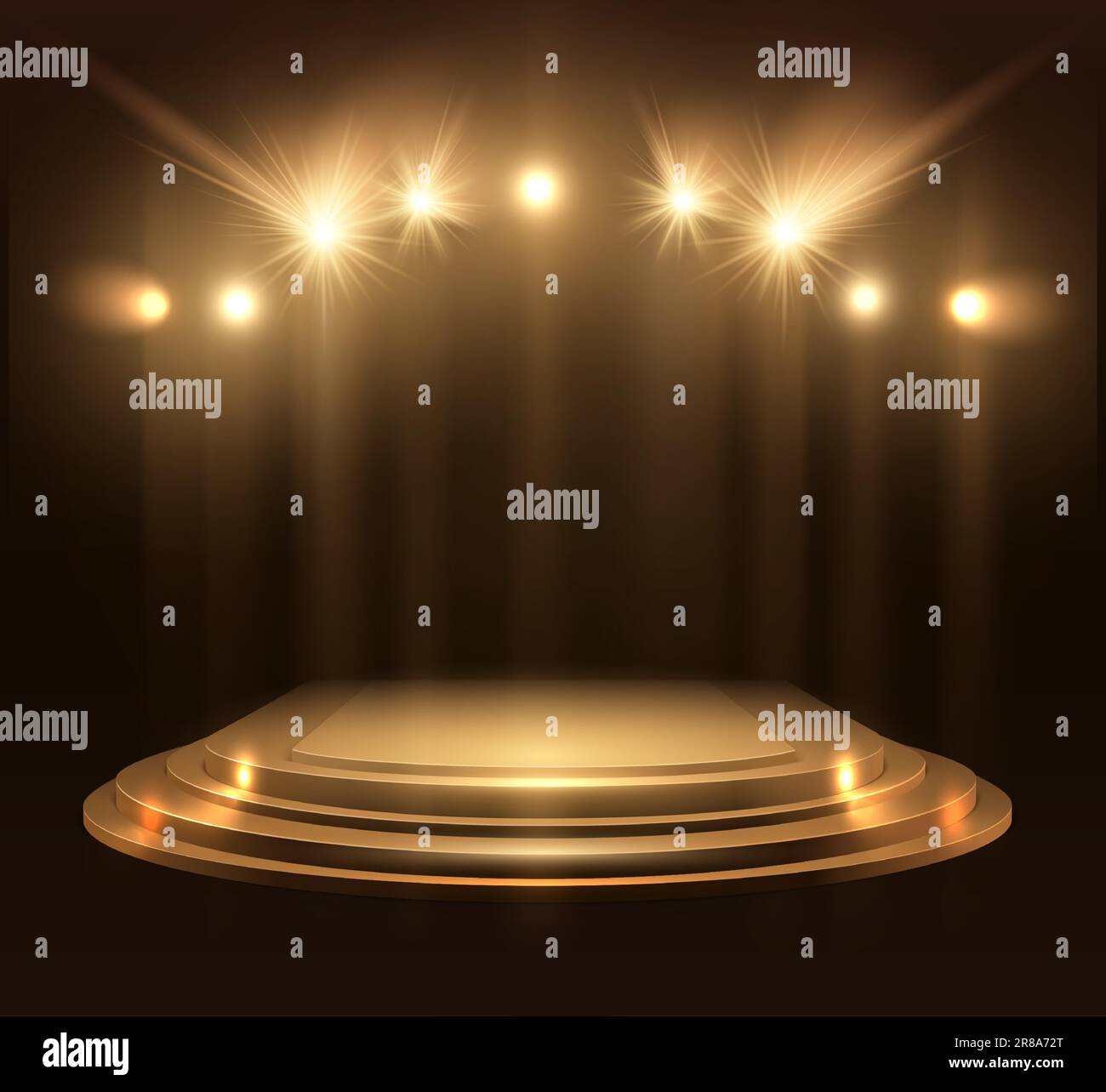 Spotlights With Stage. Gold Light Vector Effect. Round Podium And Light Rays Stock Vector Image