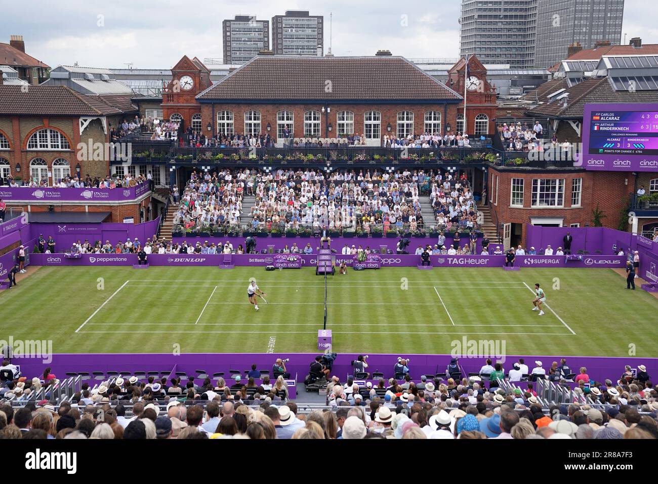 A general view of play as Arthur Rinderknech can be seen in action in their game against against Carlos Alcaraz during the Men's Singles Lucky Loser Qualifying match on day two of the 2023 cinch Championships at The Queen's Club, London. Picture date: Tuesday June 20, 2023. Stock Photo