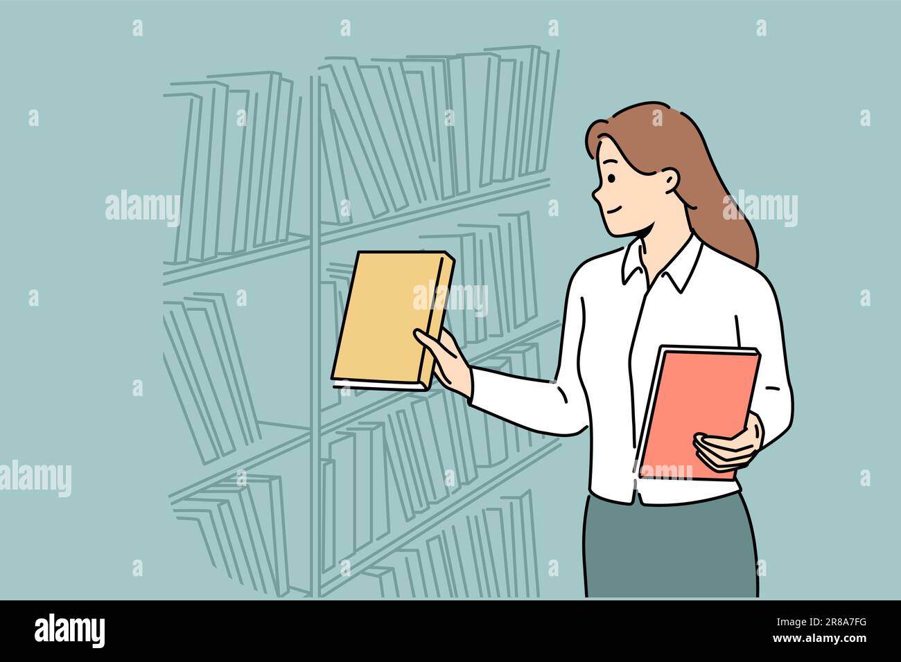Female librarian put books on bookshelves. Woman working in library