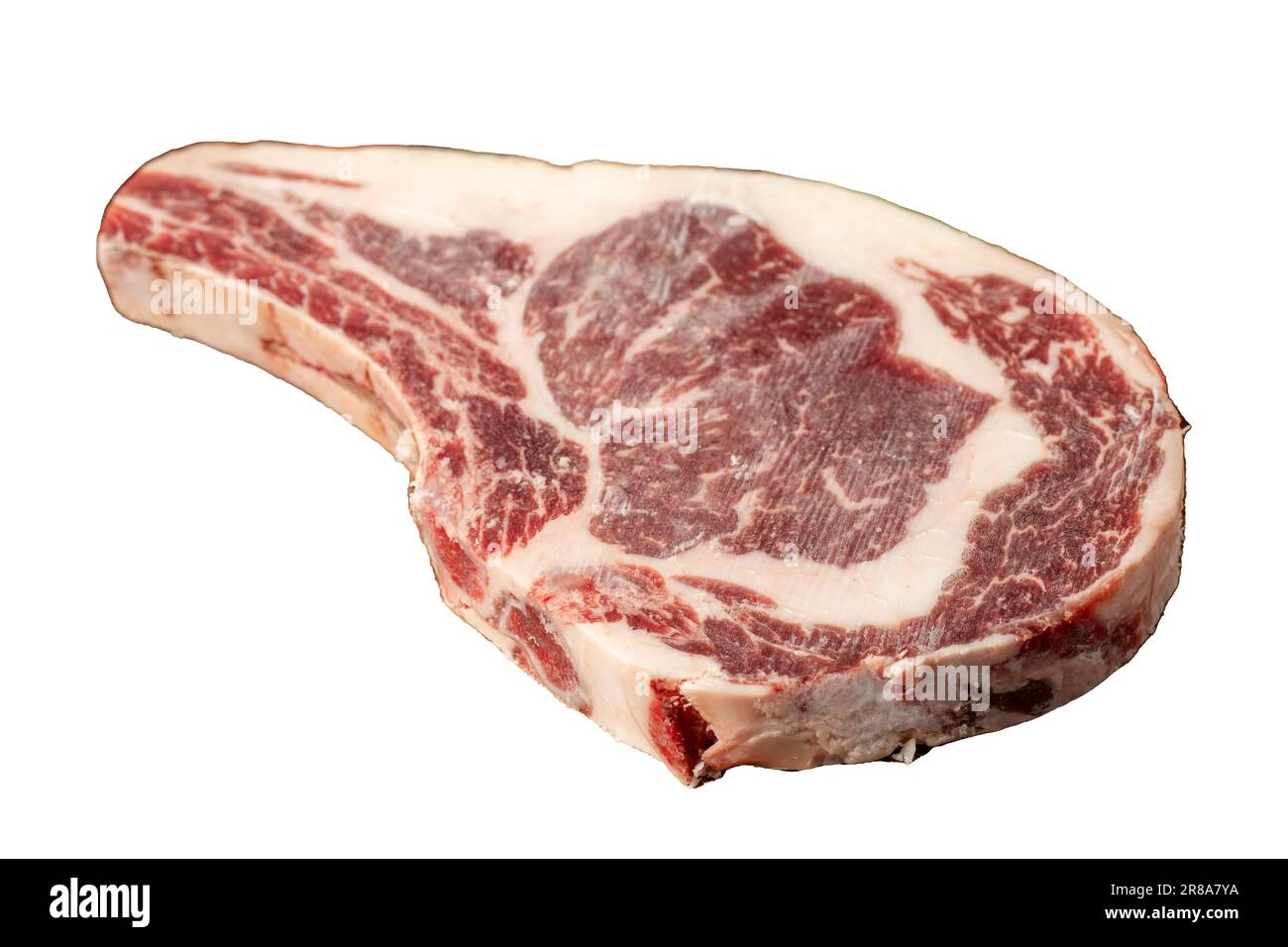 Veal chop isolated on white background. Fresh beef raw thick ribs with spices and rosemary. Special cutlet. Close up Stock Photo