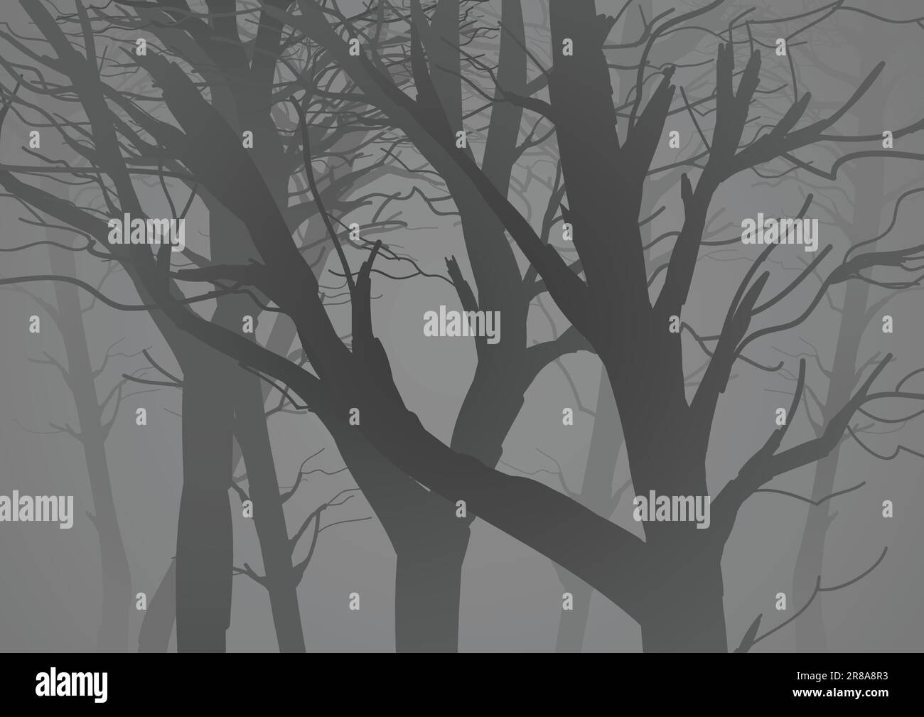 Silhouette illustration of a misty dark woods with dried trees Stock ...