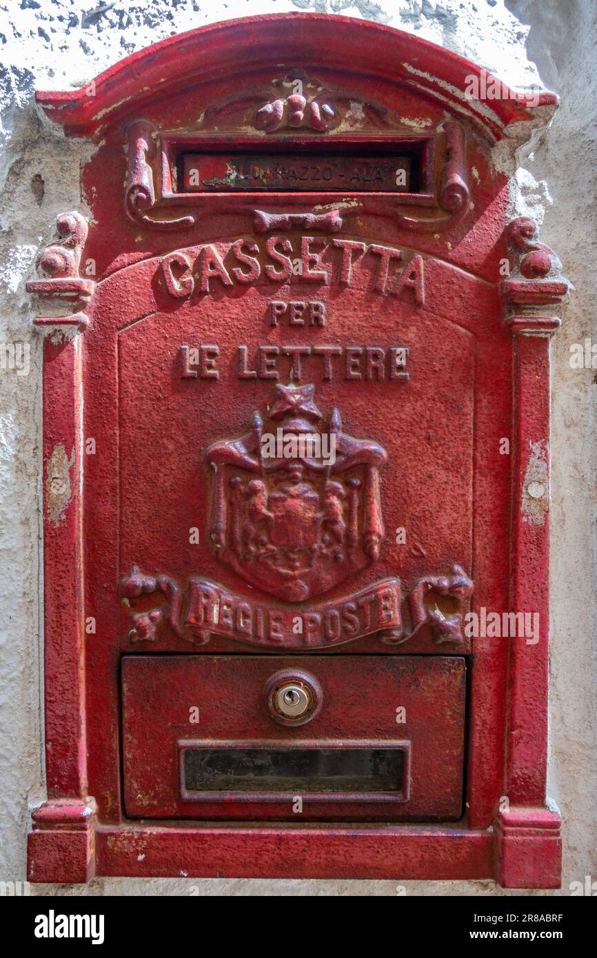 Old italian post box, text translates to 'mailbox, Royal Mail', Salerno, Region of Campanis, Italy Stock Photo
