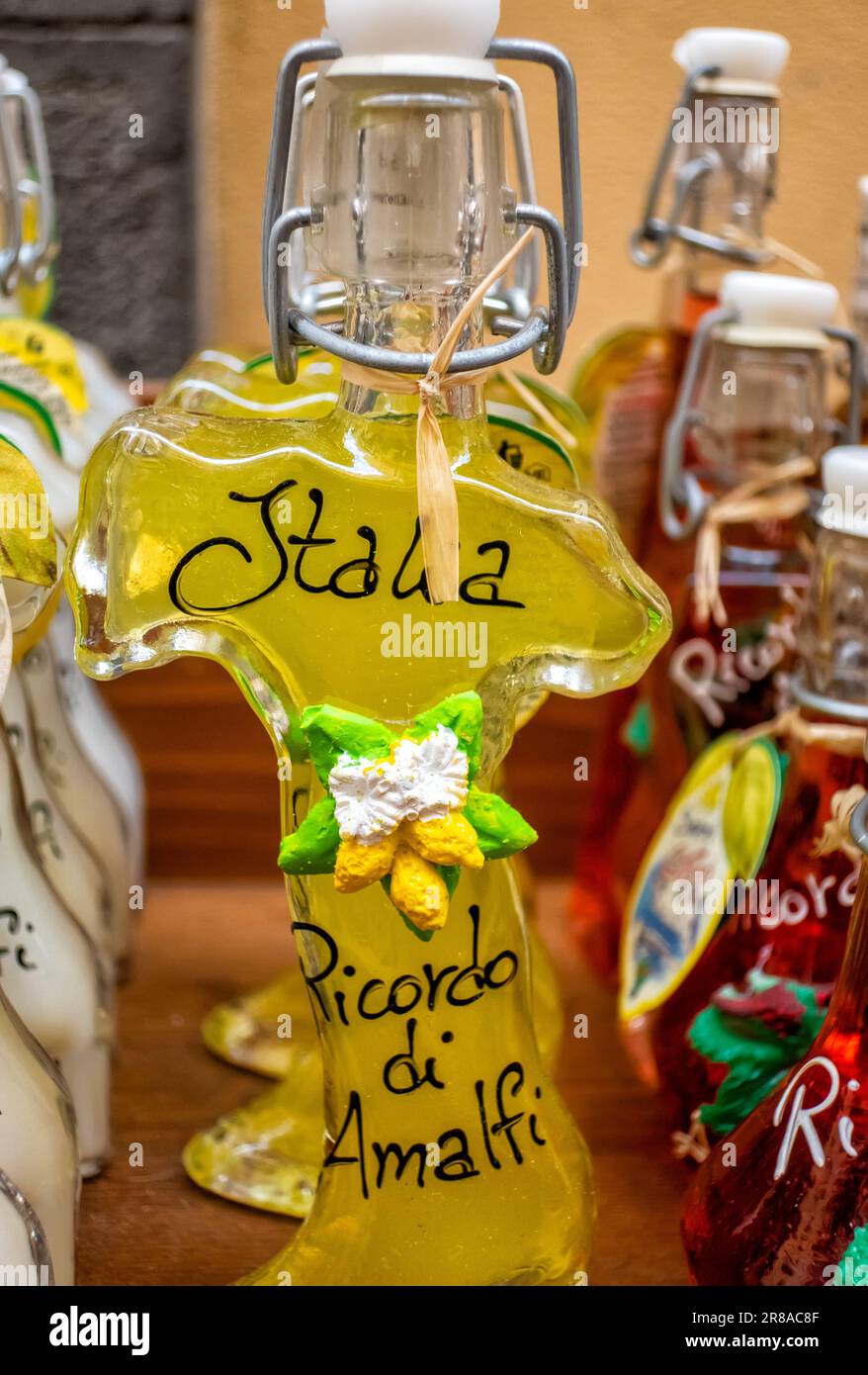 Unusually shaped bottle of Limoncello, Amalfi coast, Salerno, Campania, Italy Stock Photo