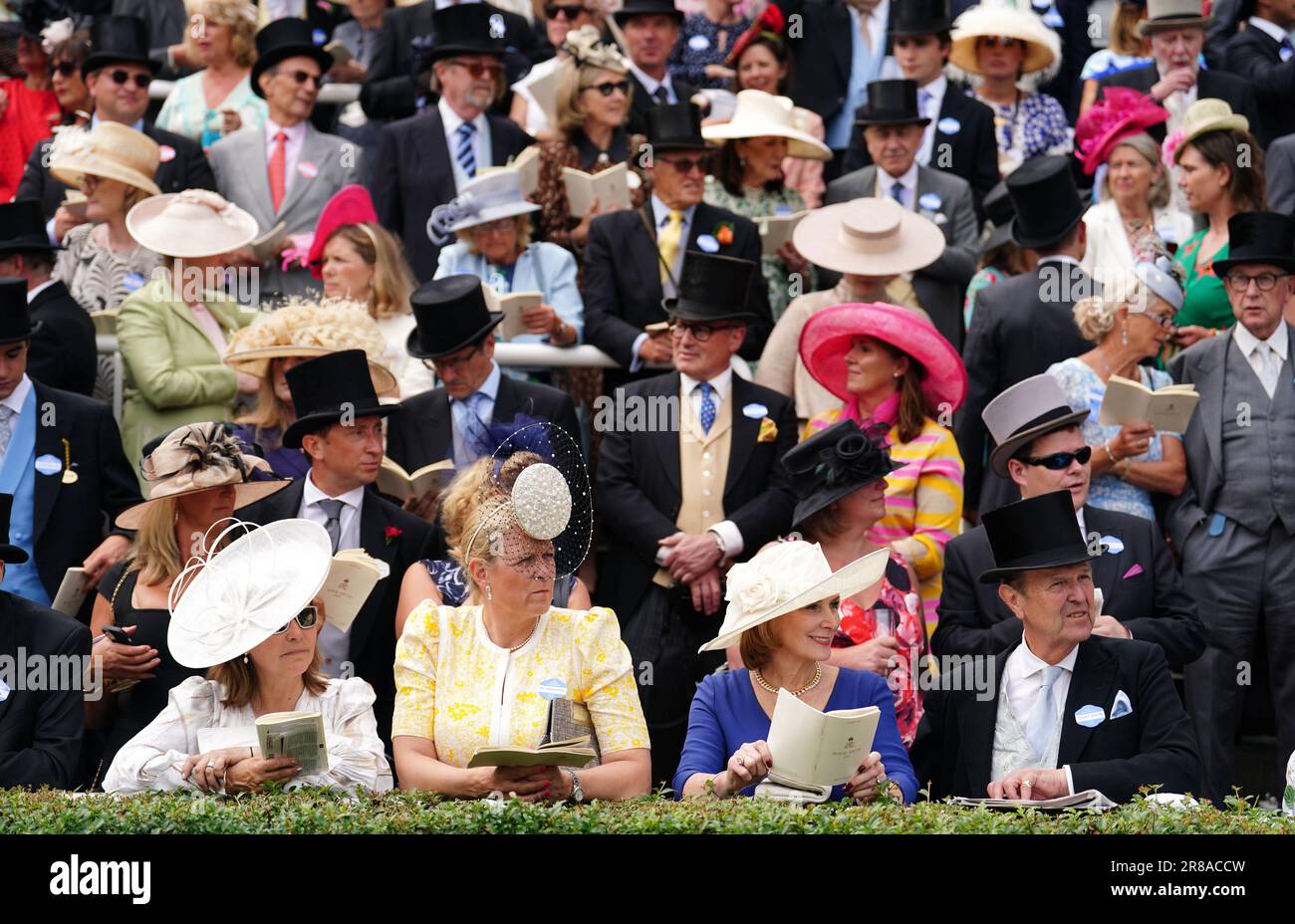Racegoers watch horses in the parade ring during day one of Royal Ascot ...