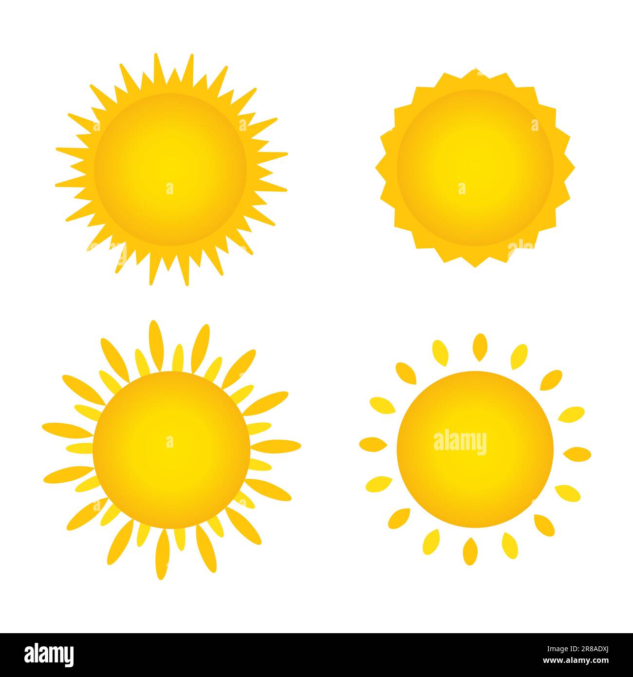 Set of Vector yellow Sun Shining and light rays Isolated on white background. Summer, sunlight, nature, sky. Vector illustration isolated on white bac Stock Vector