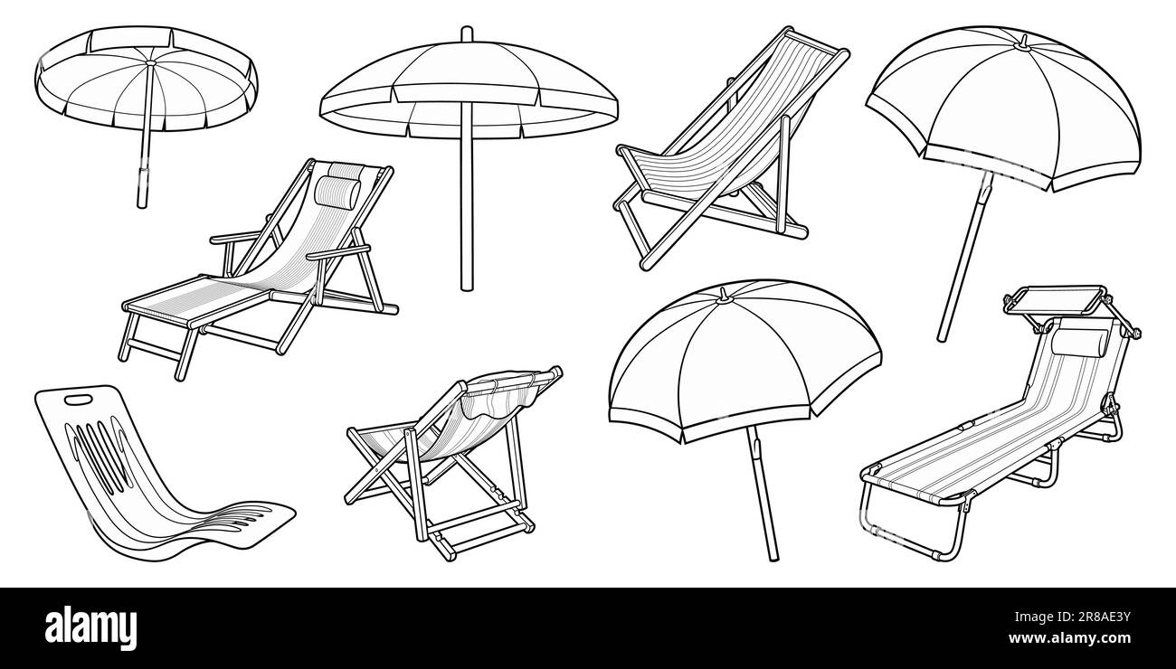 Cartoon set of doodle sun loungers and parasols. Summer beach objects vector funny illustration. Stock Vector