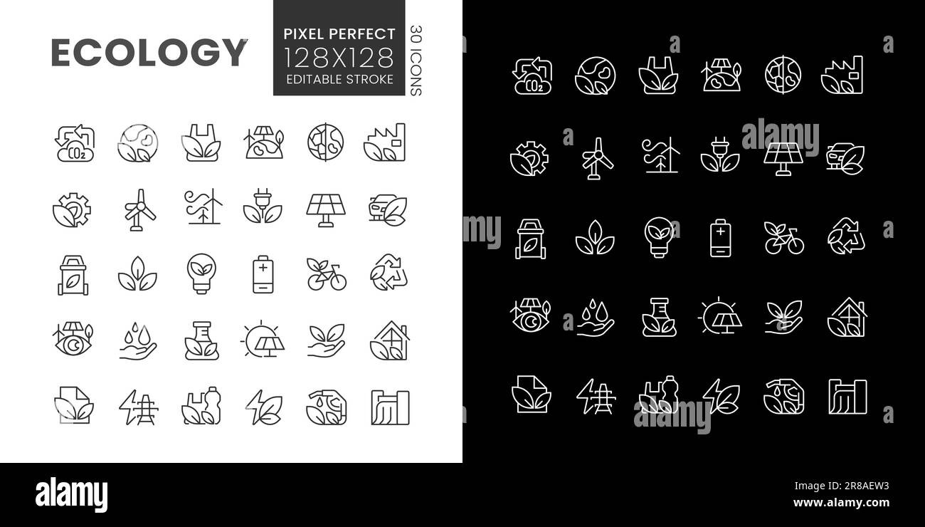 Ecology pixel perfect linear icons set for dark, light mode Stock Vector
