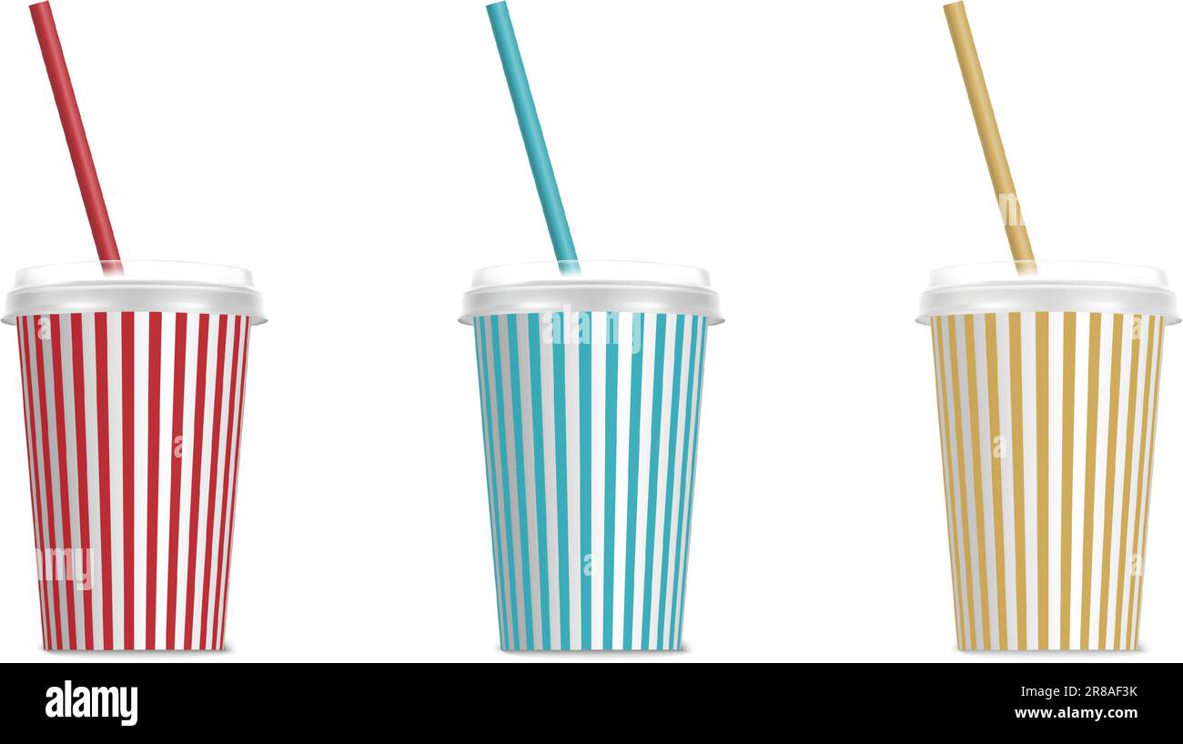 3d realistic vector icon. Plastic destosable colorful set of cups with straws. Isolated on white background. Stock Vector