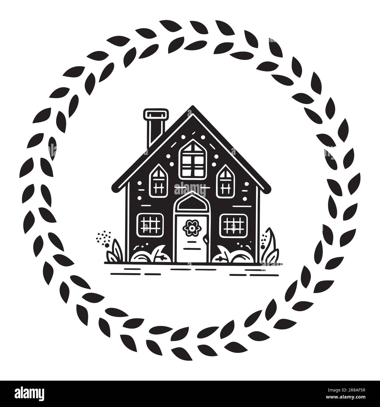 Cute rustic cottage motif in vintage style frame. Vector illustration of whimsical rural country house.  Stock Vector