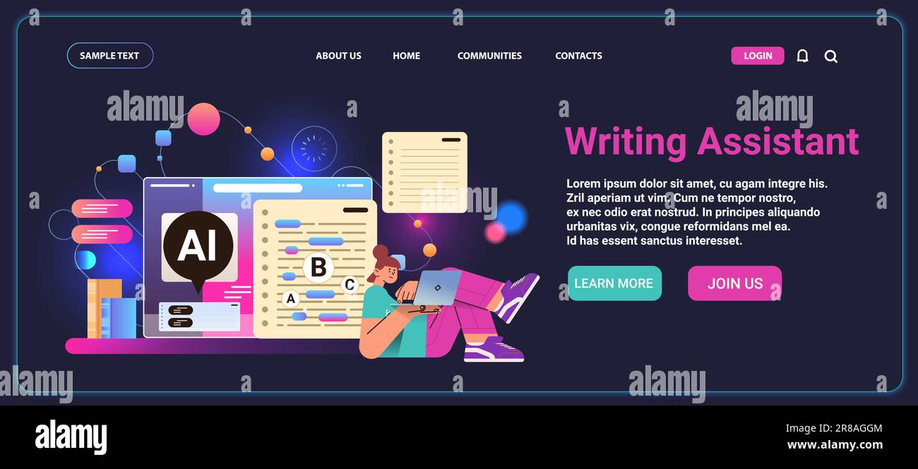 woman using writing assistant app wit ai helper bot copy writing automation technology scan mistakes and report text Stock Vector