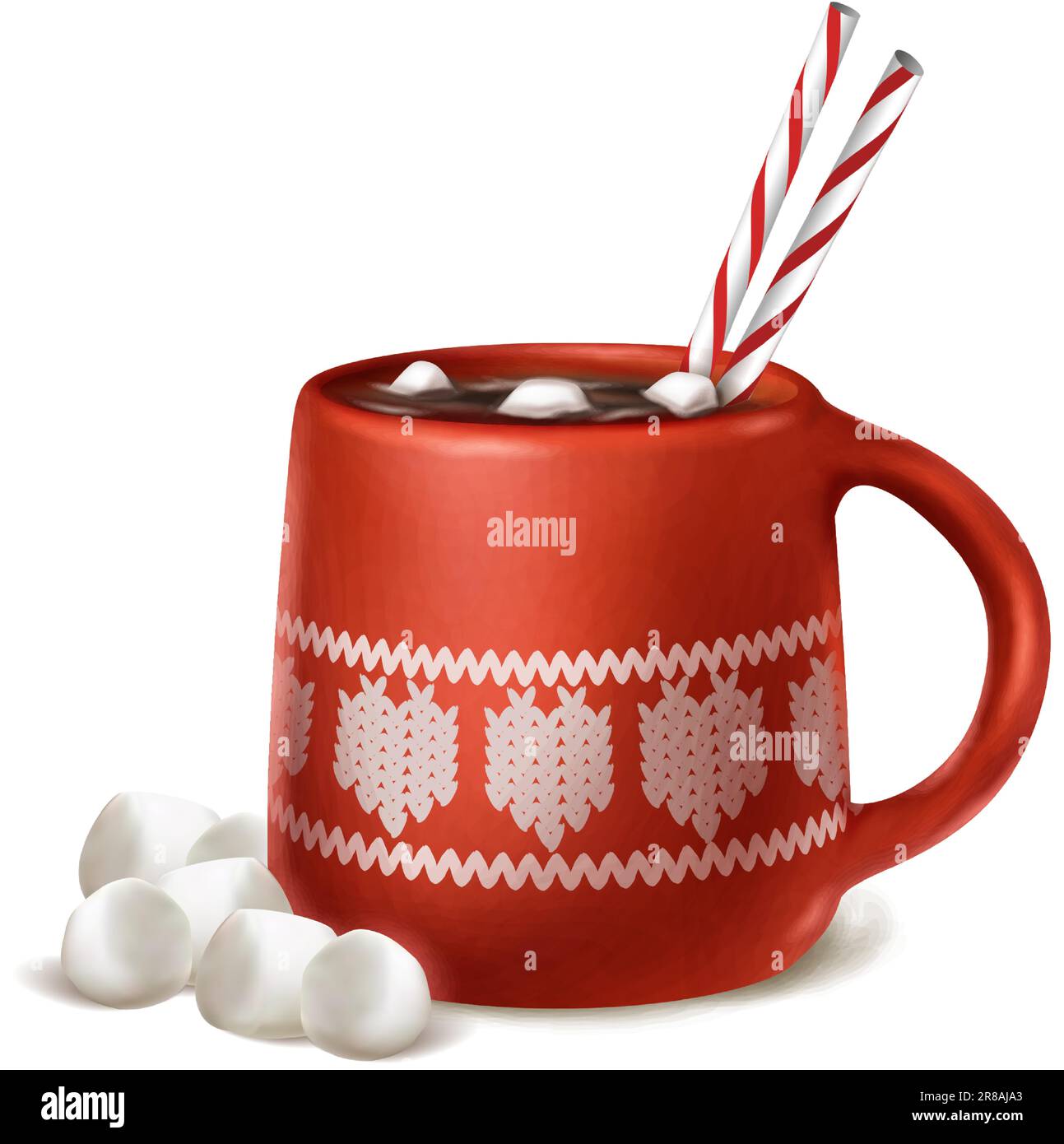 Cartoon style vector icon. Red cup cacao, hot chocolate with straws and mashmallows. Winter mood. Stock Vector