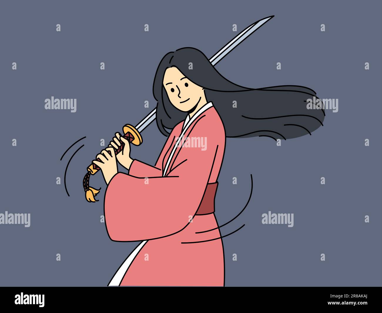 Woman samurai with katana knows asian martial arts and trains willing to compete. Long-haired samurai girl holding long sword is dressed in kimono for battles between japanese ninjas. Stock Vector