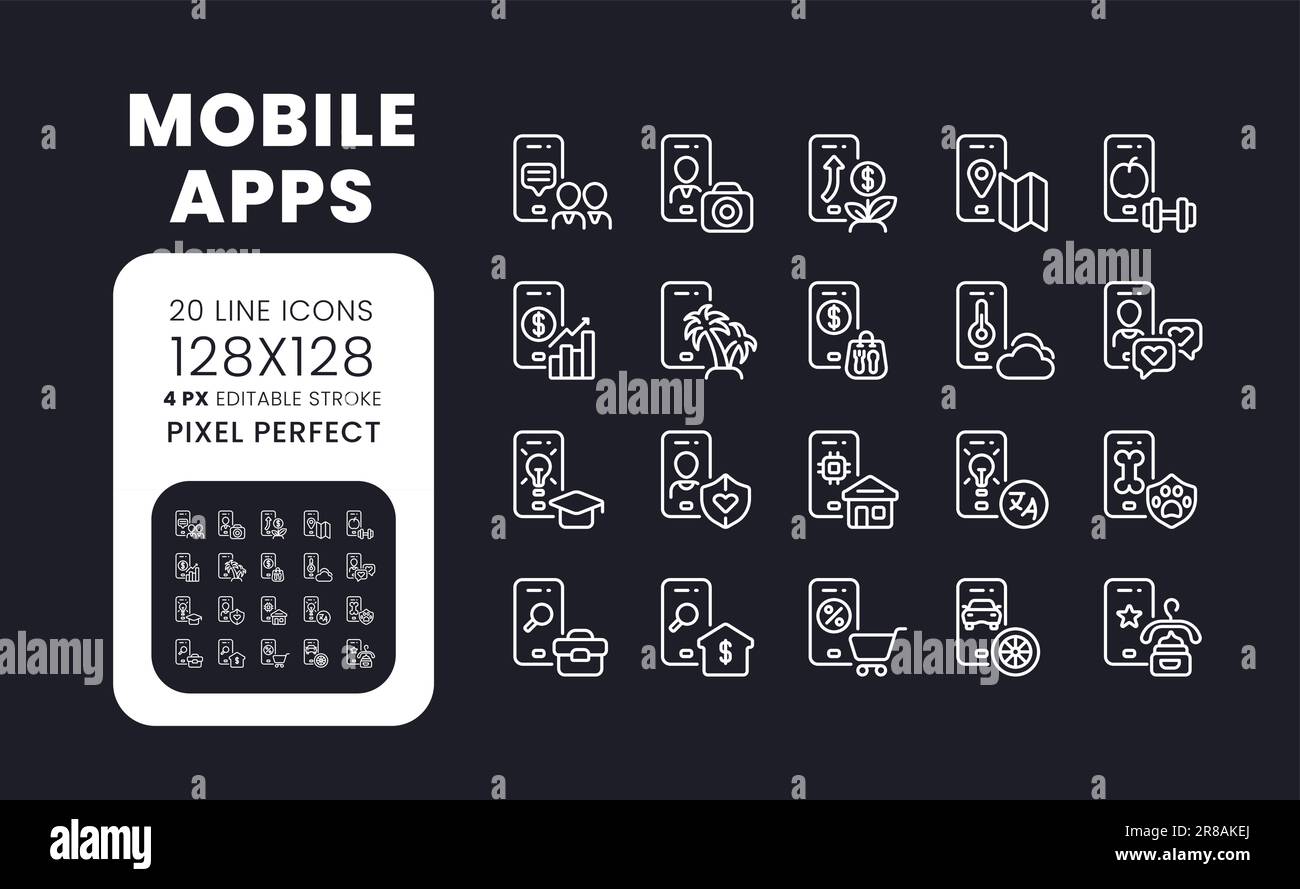 Mobile apps white linear desktop icons on black Stock Vector