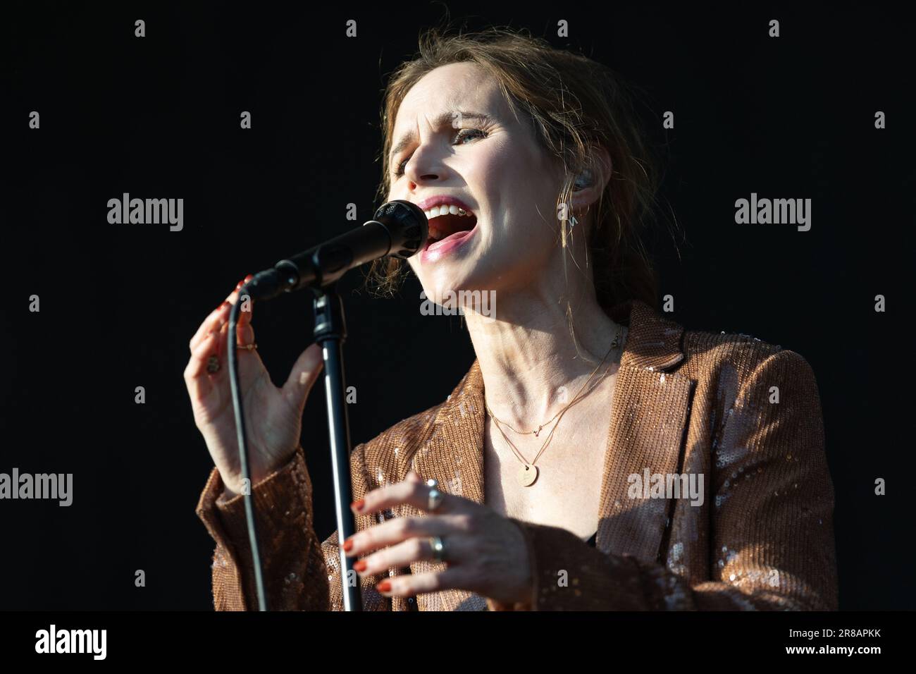 Kvaerndrup, Denmark. 09th, June 2023. The Swedish rock band The Cardigans  performs a live concert during the Danish music festival Heartland Festival  2023. Here singer Nina Persson is seen live on stage. (
