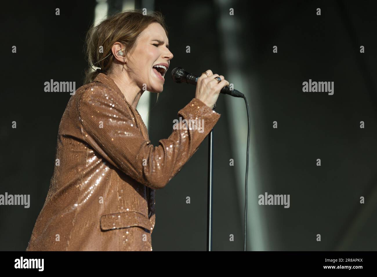 Kvaerndrup, Denmark. 09th, June 2023. The Swedish rock band The Cardigans  performs a live concert during the Danish music festival Heartland Festival  2023. Here singer Nina Persson is seen live on stage. (