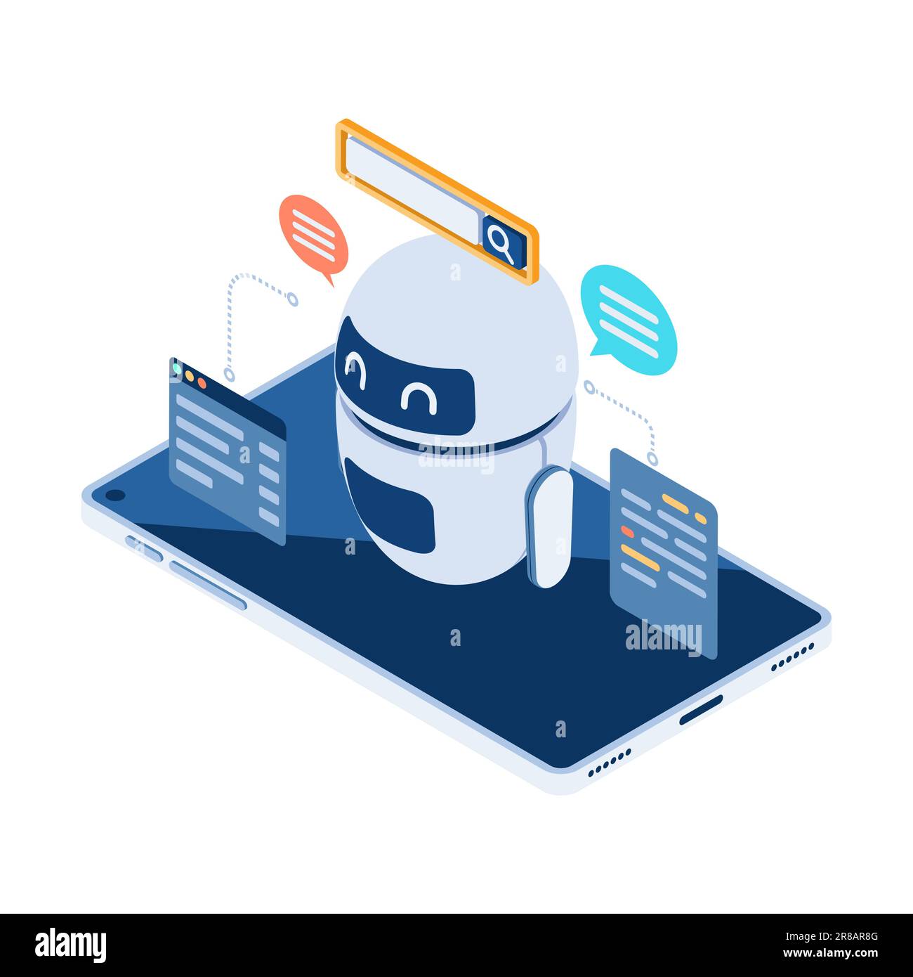 Flat 3d Isometric AI or Artificial Intelligence Chatbot or Robot on Smart Device. Machine Learning and Artificial Intelligence Technology Concept Stock Vector