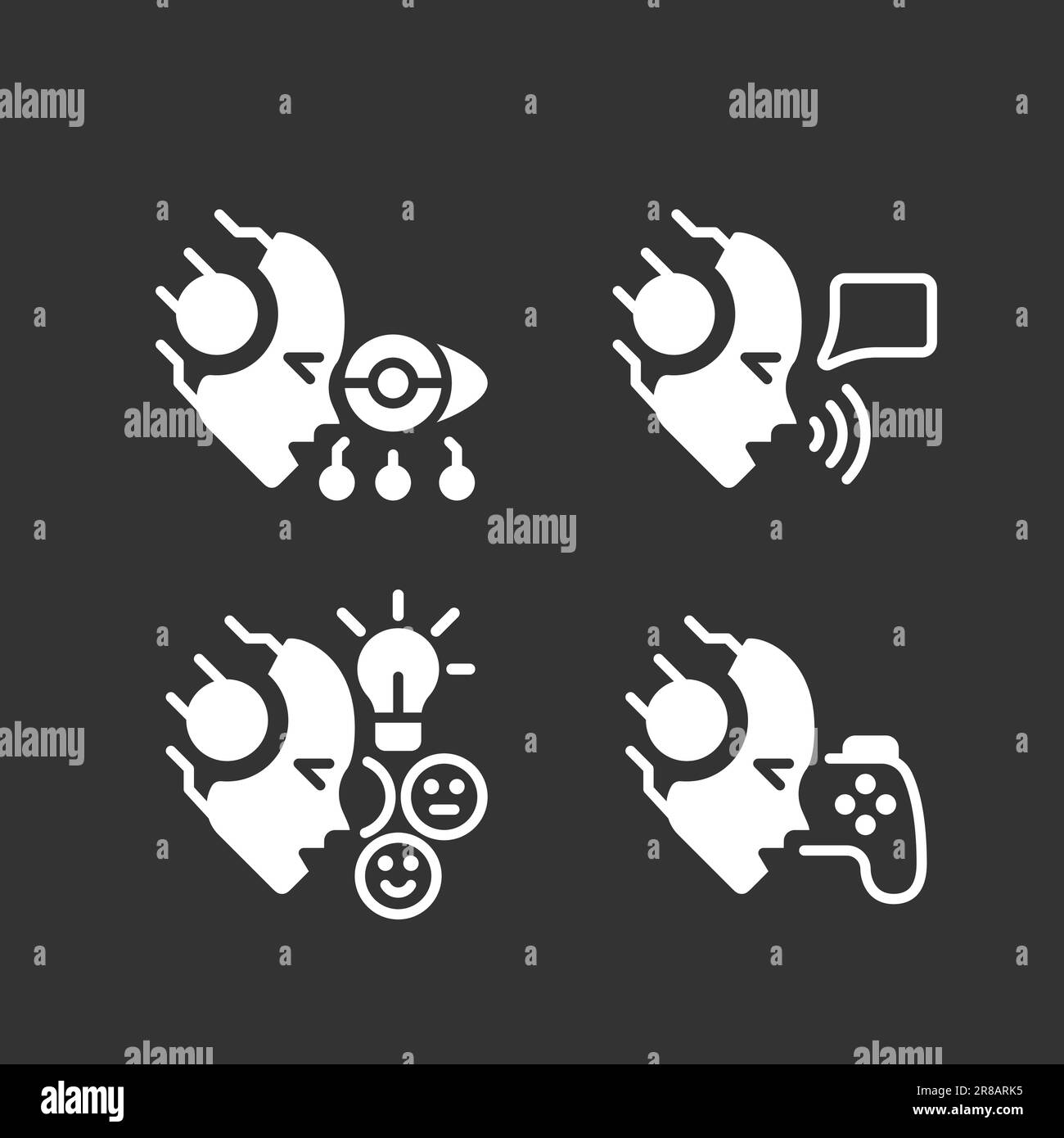 Artificial intelligence benefits white linear glyph icons set for night mode Stock Vector Image