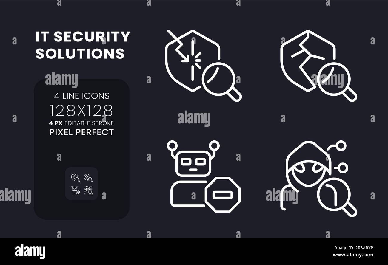Cybersecurity solutions white linear desktop icons on black Stock Vector
