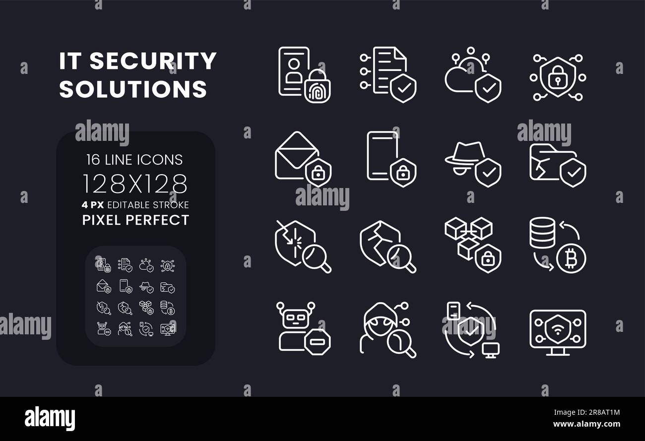 IT security solutions white linear desktop icons on black Stock Vector ...