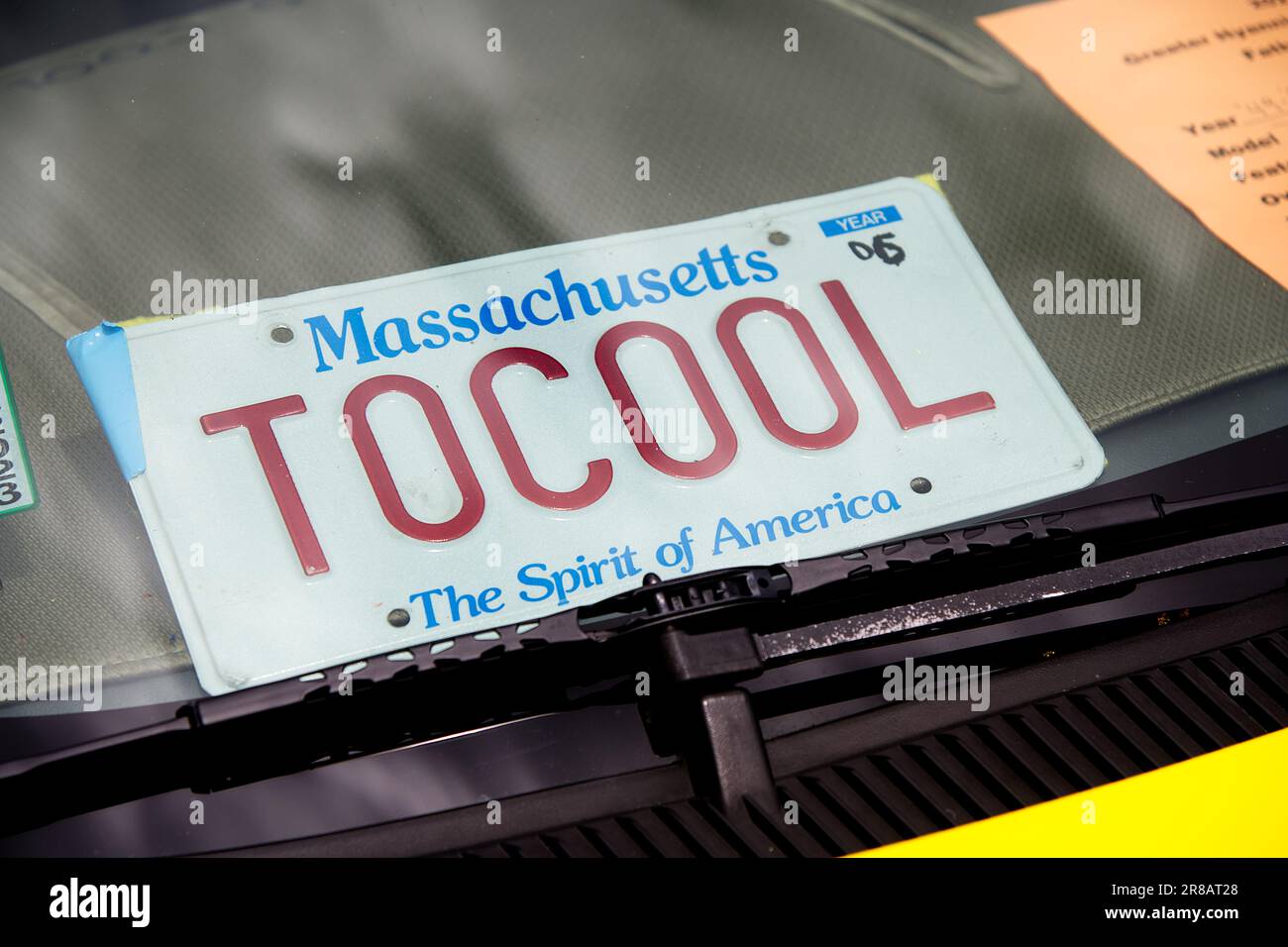 Father's Day Auto Show - Hyannis, Massachusetts, Cape Cod - USA. A Massachusetts license plate on the dashboard of an automobile on display. Stock Photo