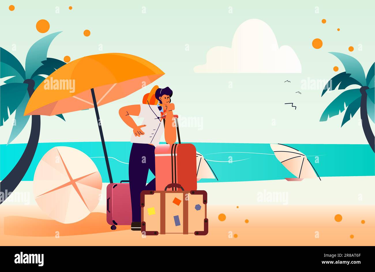 man traveler standing with luggage on tropical beach summer vacation ...