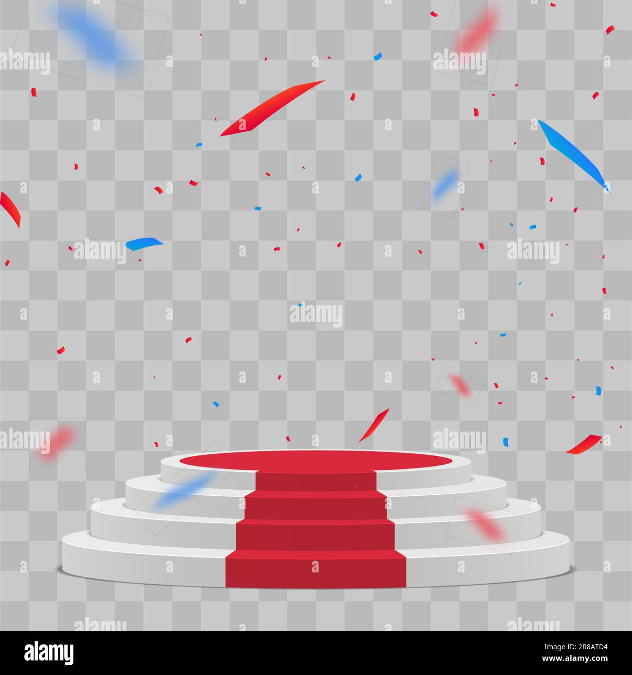 Empty white stage with red carpet and with confetti. Winner vector background Stock Vector