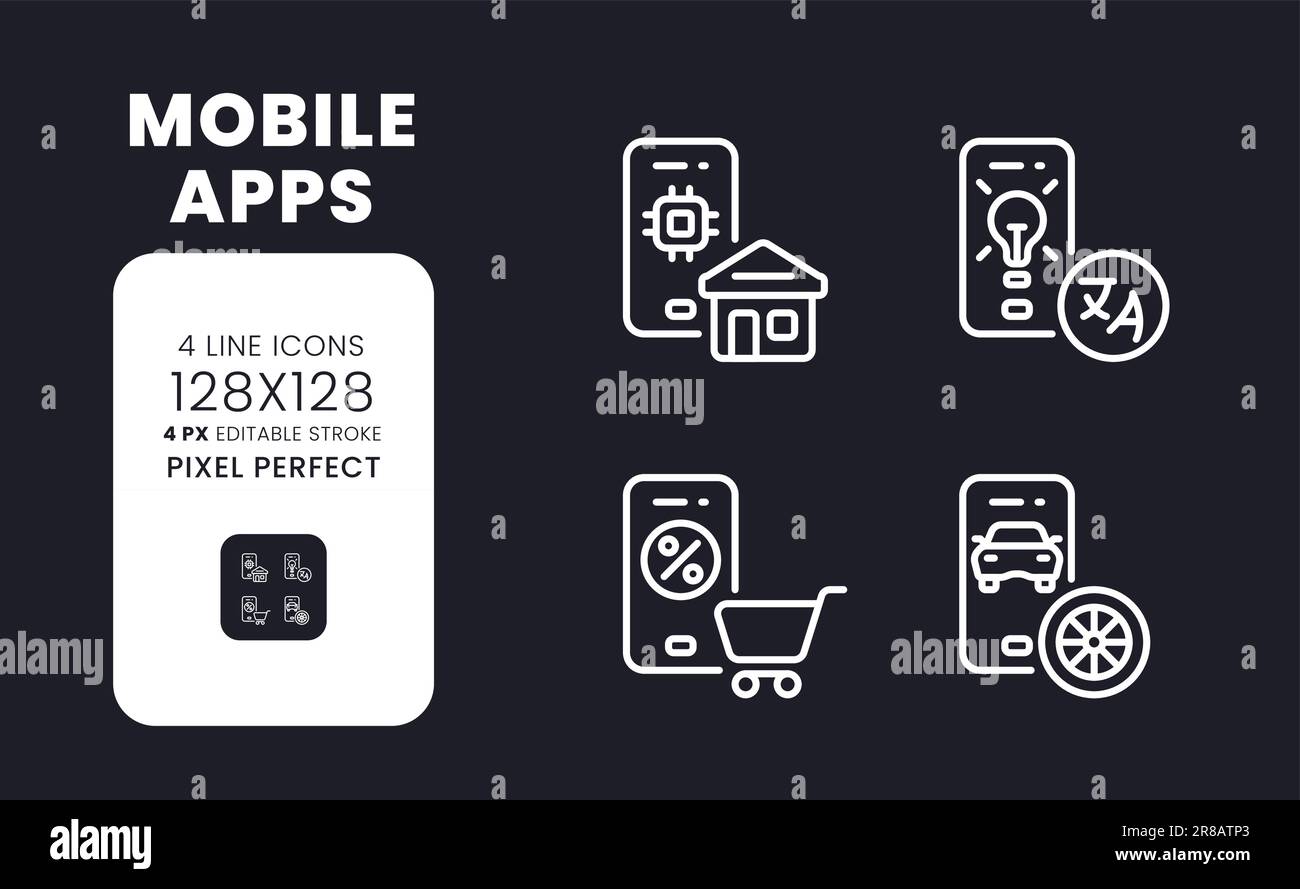 Mobile apps white linear desktop icons on black Stock Vector