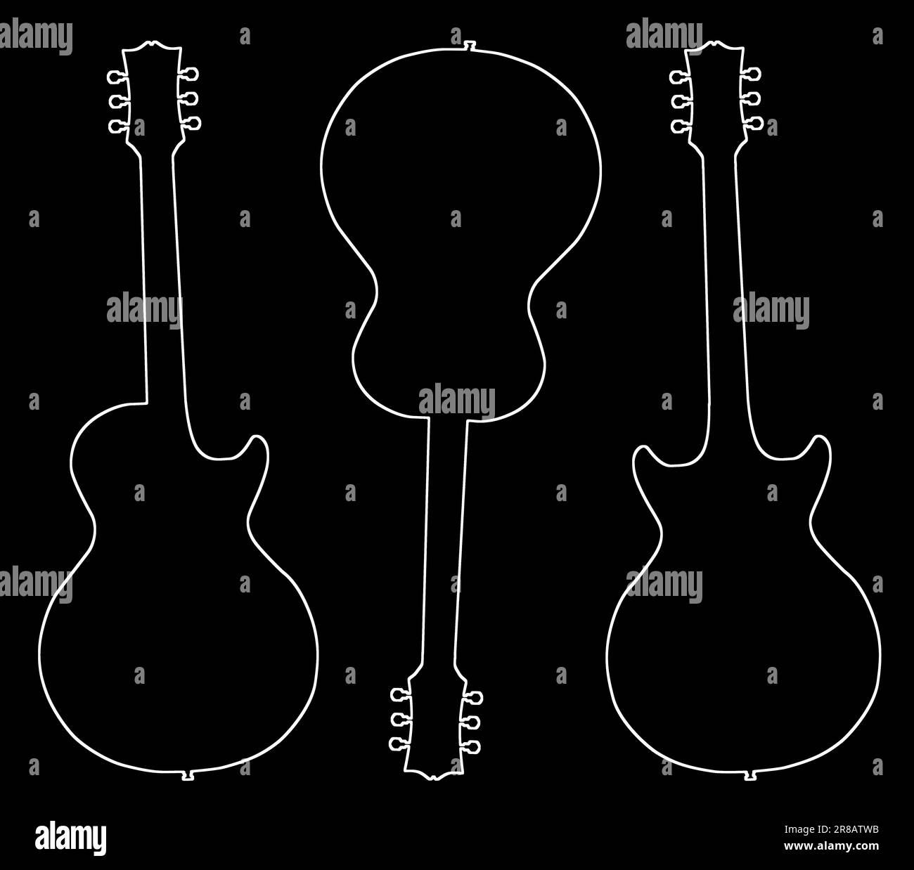 Traditional guitar shape white line outline silhouettes isolated over a black background Stock Photo