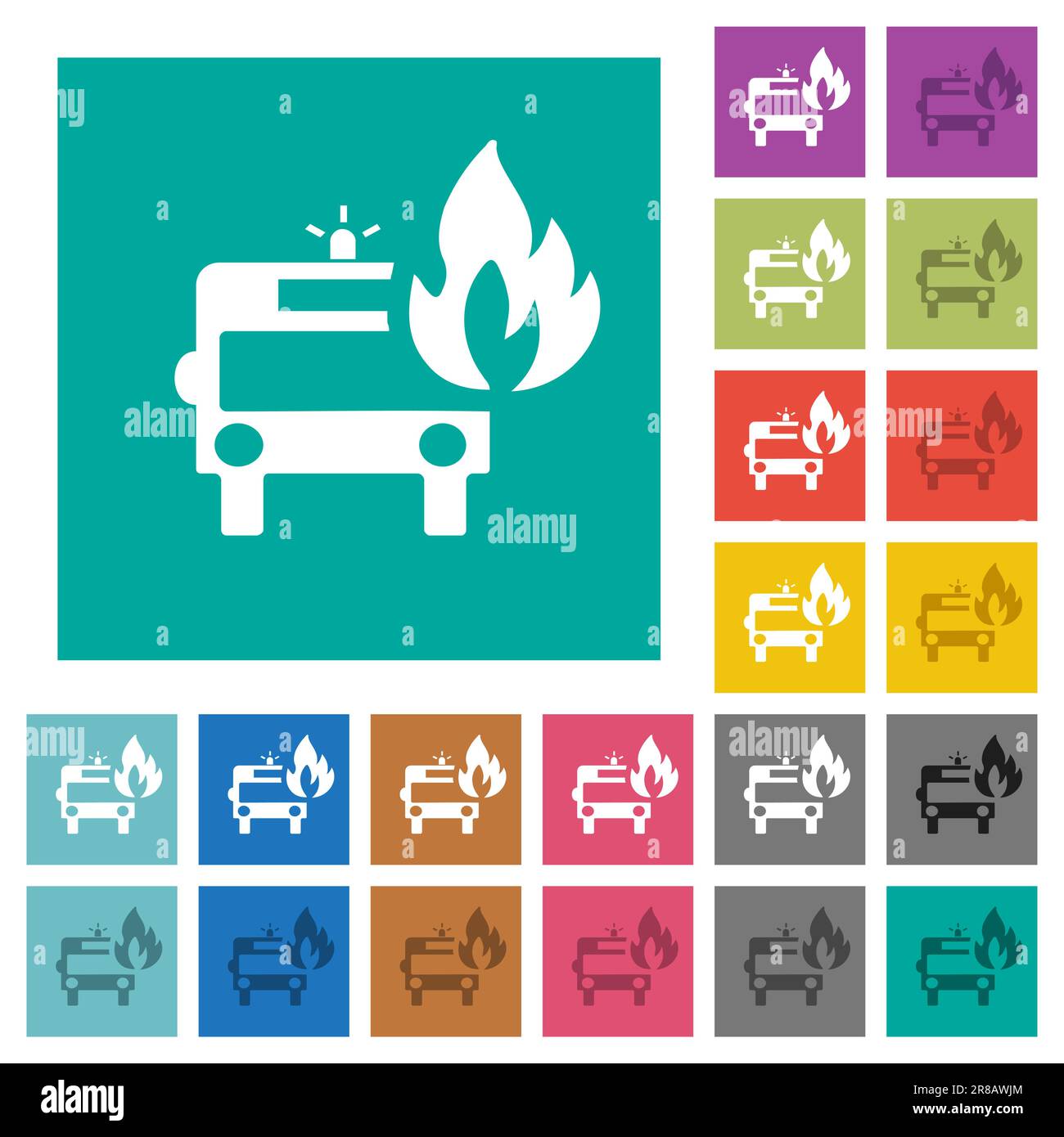 Fire engine with flame multi colored flat icons on plain square backgrounds. Included white and darker icon variations for hover or active effects. Stock Vector