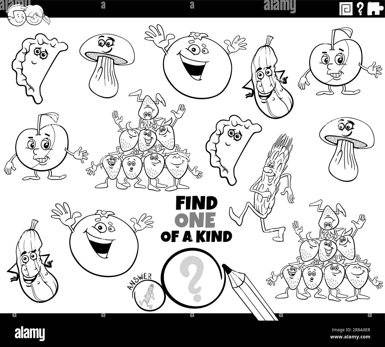 Black and white cartoon illustration of find one of a kind picture educational game with food object characters coloring page Stock Vector