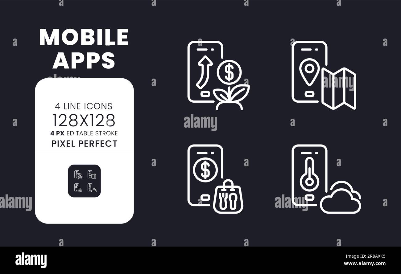 Mobile apps white linear desktop icons on black Stock Vector