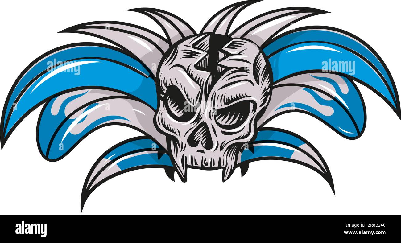 hand drawn skull head with surfboard. vector illustration Stock Vector