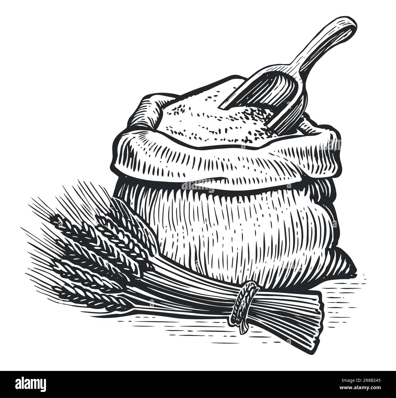 Sack of flour and scoop, ears of wheat. Farm food. Vintage sketch
