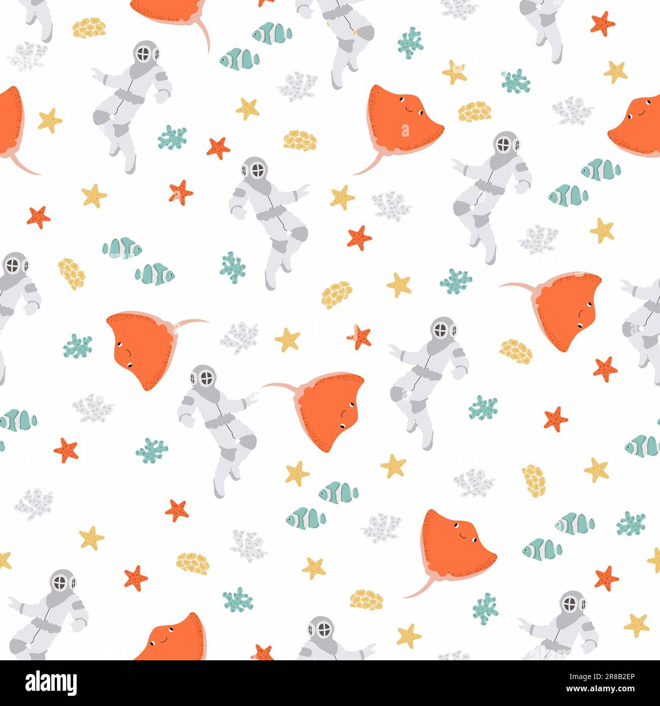 Vector seamless pattern with scuba diver, devilfish, algae, starfish,.Underwater cartoon creatures.Marine background.Cute ocean pattern for fabric Stock Vector