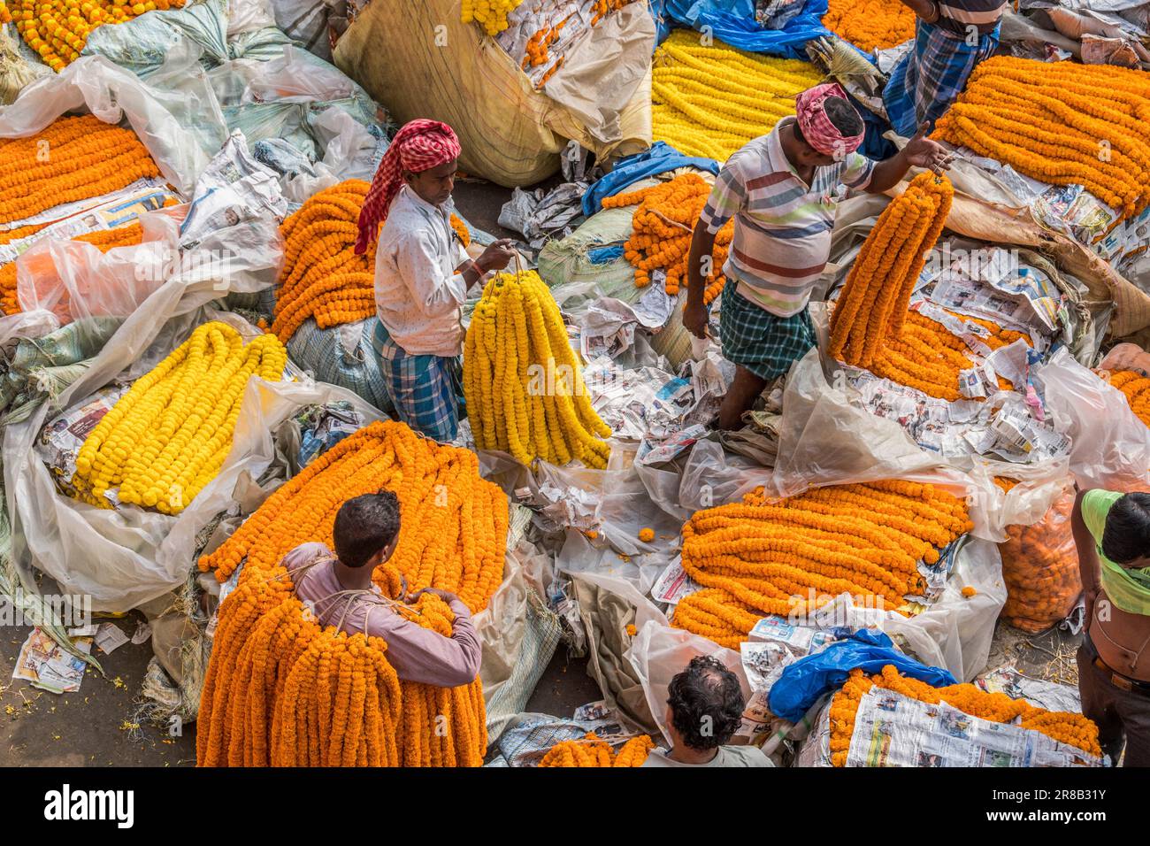 Marigold garlands for sale at the Mallick Ghat Flower Market in Kolkata