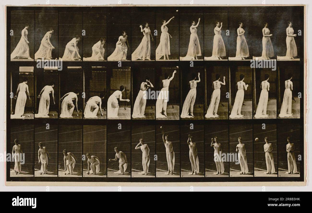 Woman Picking Up a Ball and Throwing It, from the book Animal Locomotion ca. 1887 by Eadweard Muybridge, born Kingston-upon-Thames, England 1830-died Kingston-upon-Thames, England 1904 Stock Photo