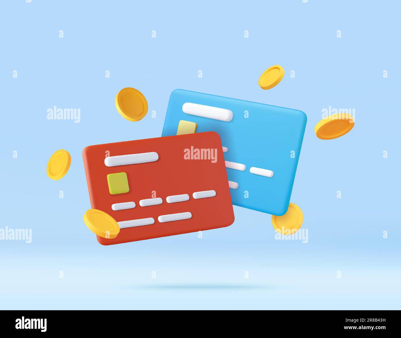 3d Credit card, floating coins around Stock Vector