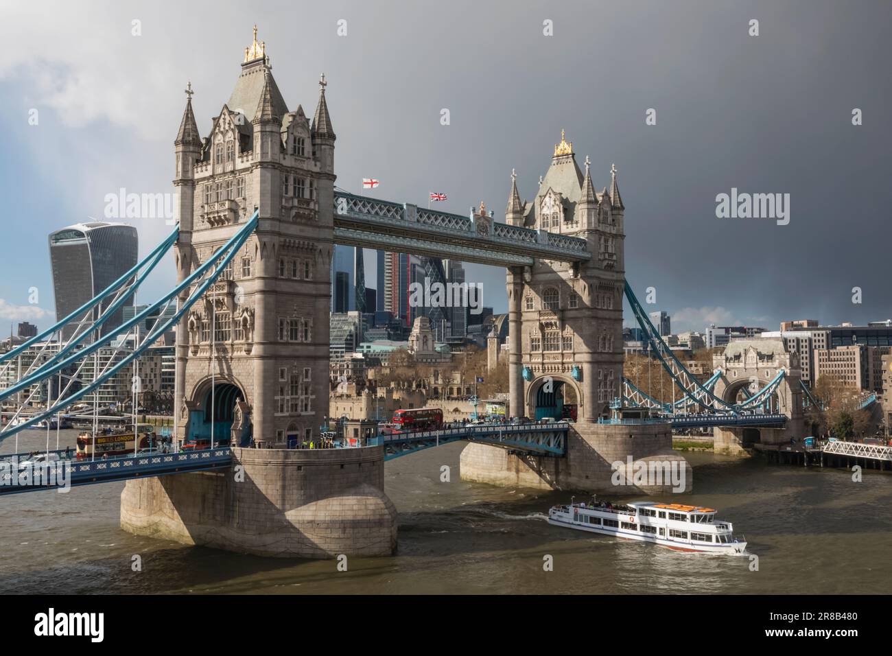 England, London, Tower Bridge and City of London Skyline with Winter View Stock Photo